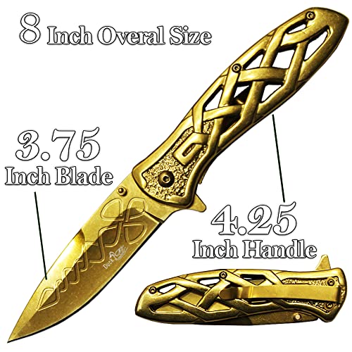 Rtek 4.25" Metal Handle Celtic Ring Folding Knife With Belt Clip, Designed Etched Blade, Heavy Duty Traditional Folding Knife For Outdoor, Survival, Edc, Camping, And Everyday Carry, Gifts For Men (Gold) #TOP1