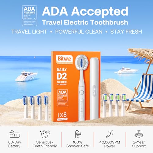 bitvae ultrasonic electric toothbrush for adults and kids ada accepted travel toothbrush with rechargeable 60-day battery life 5 modes 8 heads case holder frost white