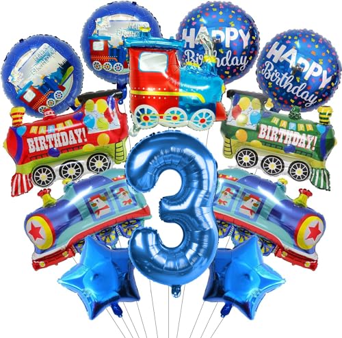 Train Anniversaire 3 Ans Set - 12 Pièces Ballons en Aluminium, Helium Gonflable pour Decoration Fête Enfant Garçon
