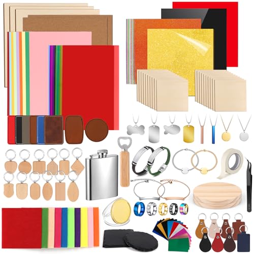 Adrattnay Laser Material Explore Kit, 218PCS Laser Engraving Supplies for Crafting, 29 Kinds Materials Includes Basswood, Acrylic, Leather, Metal Necklace Bracelet Ring for Engraver Machine