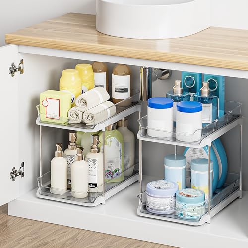 Delamu 2 Sets of 2-Tier Multi-Purpose Bathroom Under Sink Organizers and Storage, Stackable Kitchen Pantry Organization, Pull Out Medicine Cabinet Organizer with 8 Movable Dividers, White