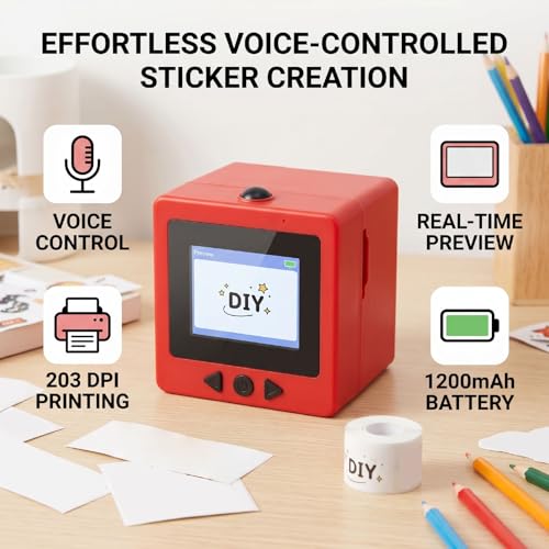 Image of Smart AI Sticker Printer, Voice Controlled Portable Thermal Inkless Sticker Maker Machine with 2.4 Inch Screen for DIY Arts Crafts (Red)