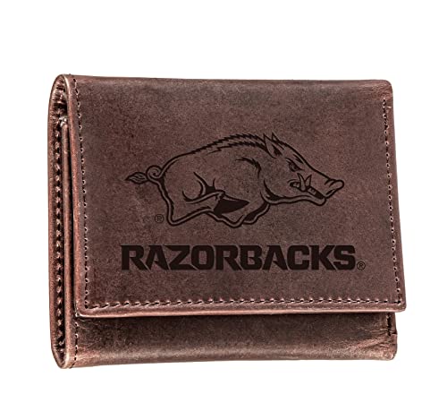 Team Sports America NCAA University of Arkansas Brown Wallet | Tri-Fold | Officially Licensed Stamped Logo | Made of Leather | Money and Card Organizer | Gift Box Included