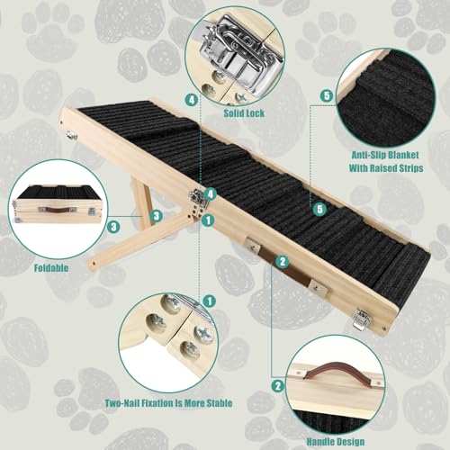 Umtiti Haustierrampe aus Holz, zusammenklappbar, tragbar, 4 Stufen, verstellbar, 22,9 cm bis 43,9 cm, mit Rutschfester 5 Pfoten-Traktionsmatte für kleine, mittelgroße Hunde.Dog Ramps-BK,DE
