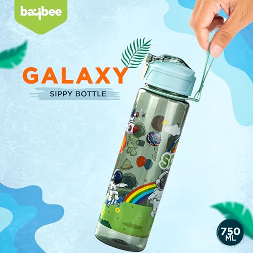 Image of BAYBEE Galaxy Kids Water Bottle 800ml | Leak-Proof Baby Sipper Bottle with Flip Lock Lid & Silicone Straw | BPA-Free School Water Bottle for Boys & Girls, Drinking Training Sipper Bottle Kids (Green)