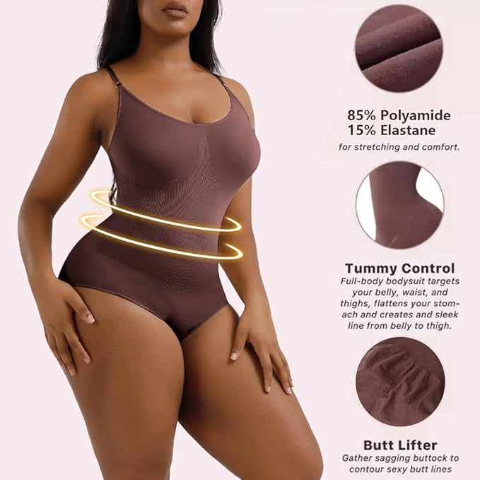 2 Piece Shapewear Bodysuits For Women Tummy Control Seamless Waist Body Suits Shaper (Black+Brown)2