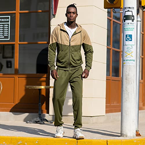 AOTORR Mens Tracksuit Set Full Zip Hooded Jacket Jogging Tops Bottoms Sweatshirt Suit with Pockets TZ95 Army Green S - Image 4