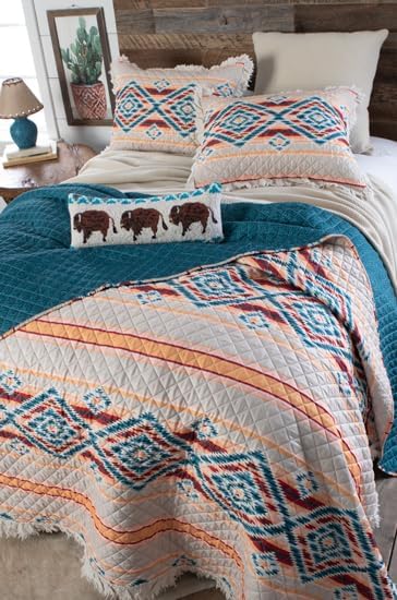 Rod's Sundance Southwest (Quilt Set) - Aztec Diamond Ruffle - Turquoise Blue Coral Red Tan - 3 Piece King Bedding Set - (1) King Quilt (105x95in) and (2) King Shams (20x36in)