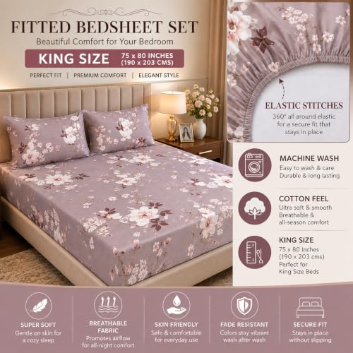 Image of King Size Fitted Bedsheet 75 inchx80 inch with 2 Covers-Pink