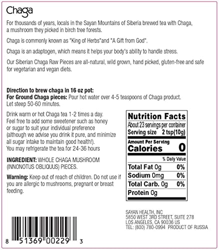 Sayan Siberian Pure Raw Chaga Mushroom Chunks With Black Top Crust 8 Oz / 227 G – Premium Wild Forest Harvested Super Antioxidant Tea, Supports Immune System And Digestive Health #TOP7