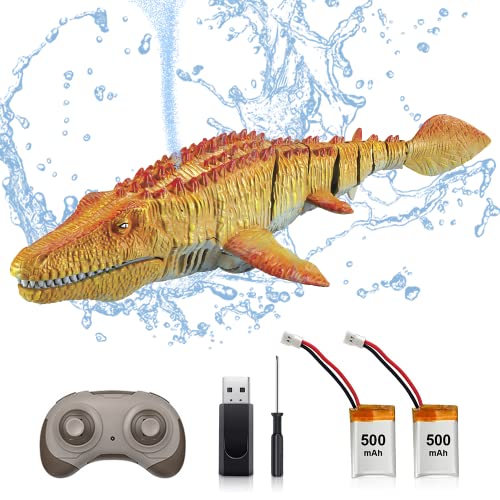 OBEST Ferngesteuertes Mosasaurus Boot, 2.4GHz RC Hai-Spielzeug, Shark Wasserspielzeug für Kinder Electric Dinosaurier-Boot, Simuliertes Mosasaurierschwimmen mit Wassersprühfunktion (2 Batterien)