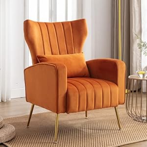 Velvet Accent Armchair for Living Room and Bedroom Comfy Reading Lounge Chair with Modern Wingback and Gold Legs on Side Corner Orange