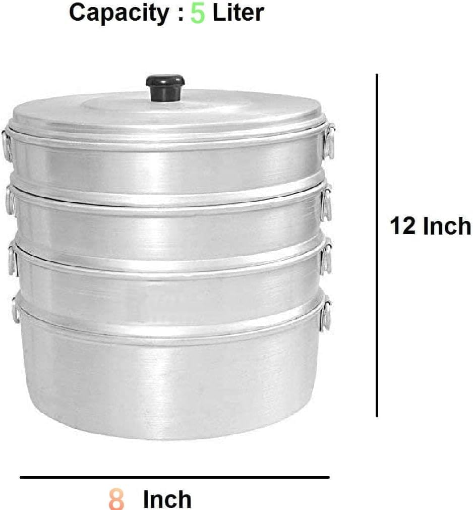 SMDE 8" Aluminum Momos Steamer, 2.3L Capacity, Steam Pot Cookware with Lid, 4-Tier Multipurpose Cooking Vegetables, Silver