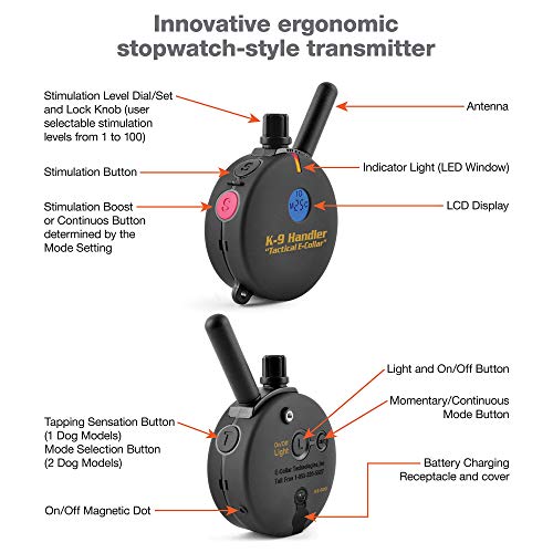 Educator K9 Tactical Dog Handler With Remote, 100 Levels Humane Stimulation, Pavlovian Tone, Waterproof, Odorproof Biothane Bungee Collar, Night Light, Rechargeable, 3/4 Mile 2 Dog, 33" Collar, Black #TOP3