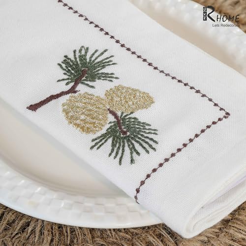 Image of R home Premium Embroidered Cotton Table Napkins Set of 6 Reusable Cloth Dinner Napkins Soft Washable Dining Table Linen Elegant Kitchen Coffee Table Decor (R home Pine Whisper, 40X40 CM)
