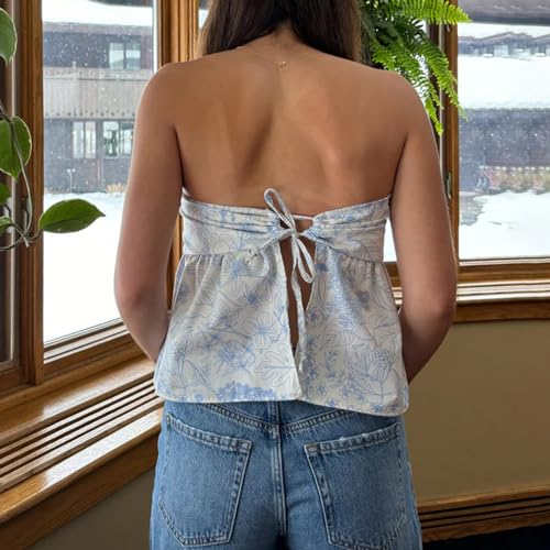 Women Y2k Tube Tops Strapless Floral Bandeau Vest Sexy Tie Up Sleeveless Backless Cute Tops Summer Grunge Clothes4