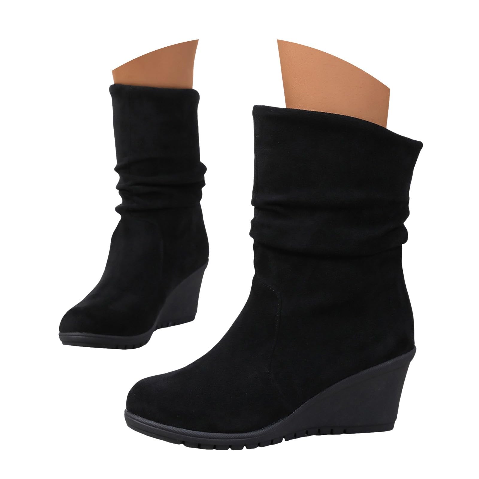 Womens Wide Width Ankle Boots Womens Casual Wedge Booties Mid Calf Fashion Slouchy Suede Round Toe Slip On
