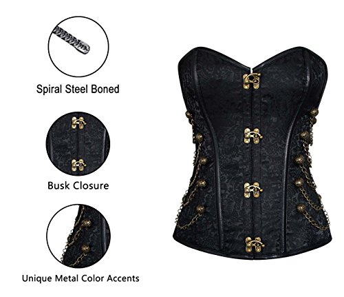 Image of Charmian Women's Steel Boned Steampunk Gothic Bustier Corset with Chains | Overbust Corset, Premium Brocade & Leather, Clasp Closure, Lace-up Back