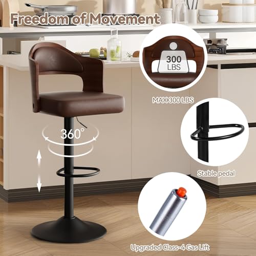 2PCS Bar Stools, Wooden Upholstered PU Leather Barstools, with Back and Footrest, Seat Adjustable Height 24.5-33.5IN, Counter Height Bar Chairs for Kitchen Island (Brown)