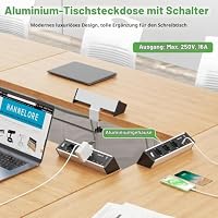 Aluminum 3 Fach Tischsteckdose mit 2 USB C GaN PD 65W und 3m Kabel, Steckdosenleiste Schreibtisch mit Schalter, Tisch Mehrfachsteckdose Klemmbar für Zuhause Büro, Silber Schwarz – Ansicht 2