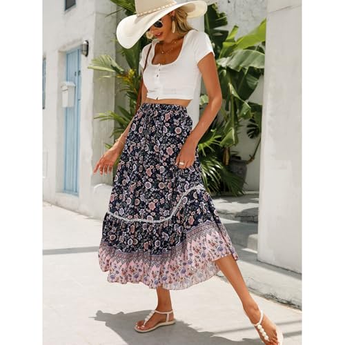 ZUEVI Women’s Long Skirts Bohemian Elastic High Waist A Line Maxi Skirt for Women Summer Flowy Swing Pleated Midi Skirts4