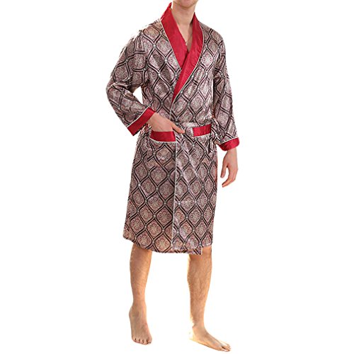 YIMANIE Men s Silk Satin Robe Luxurious Spa Long Sleeve House Kimono Nightwear Bathrobe,Red,XL