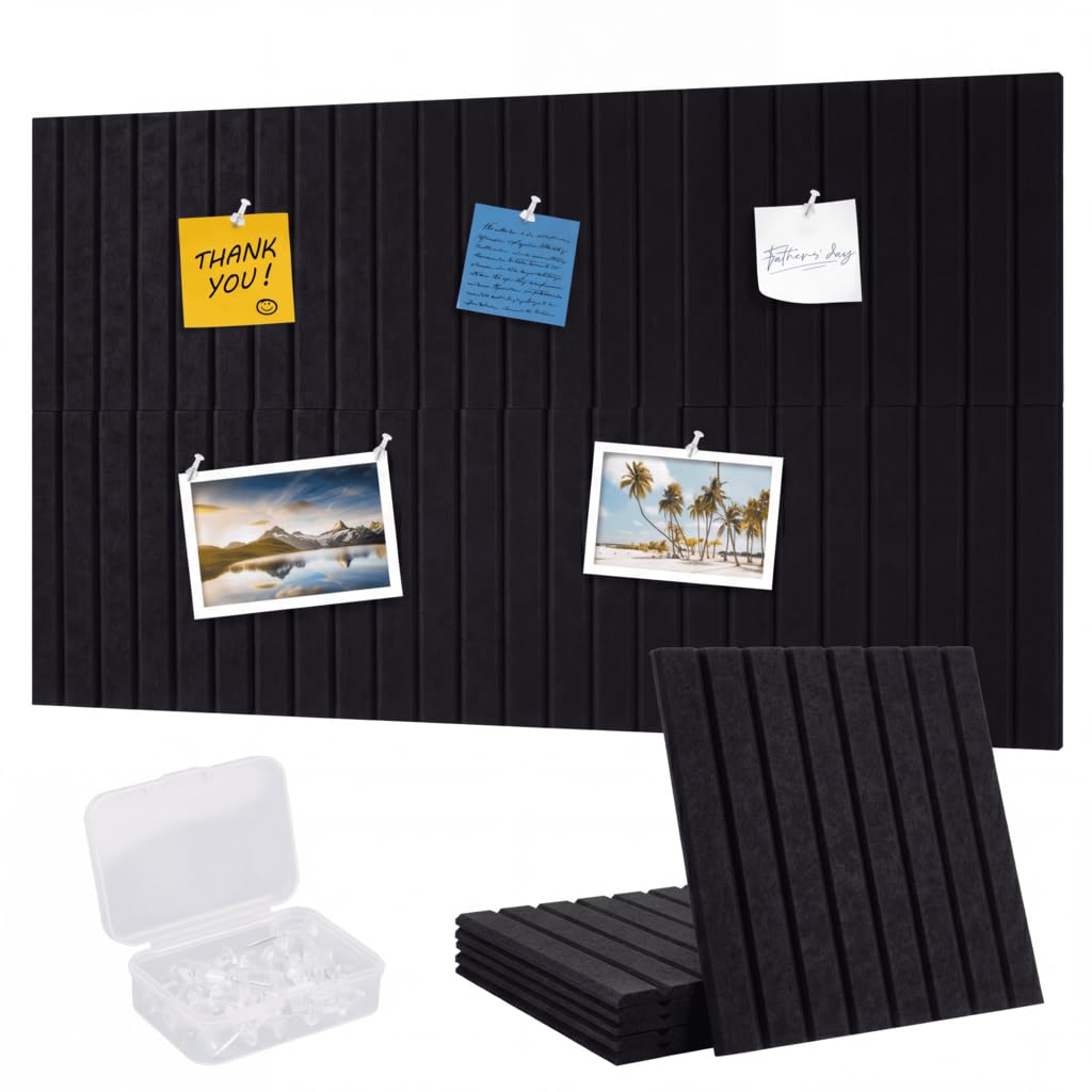 Cork Board Alternative-36 x 24" Felt Bulletin Board Tiles with Pushpins & Adhesive, 6-Pack Slat Wall Paneling for Office, Home, Bedroom as Notice Board, Pin Board, or Wall Decor-Black