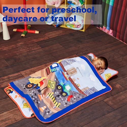 Image of EVERYDAY KIDS Toddler Nap Mat with Removable Pillow -Under Construction- Carry Handle with Fastening Straps Closure, Rollup Design, Soft Microfiber for Preschool, Daycare, Sleeping Bag -Ages 2-4 years