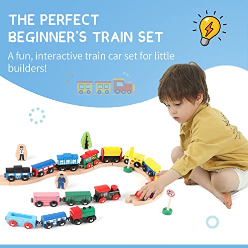Joqutoys 31 Pcs Wooden Train Cars - Magnetic Train Set Includes 15 Cars, 10 Bonus Connectors & Storage Bag, Wooden Train Set Toy Train For Kids Toddlers, Compatible With Major Brands Train Tracks Set #TOP5