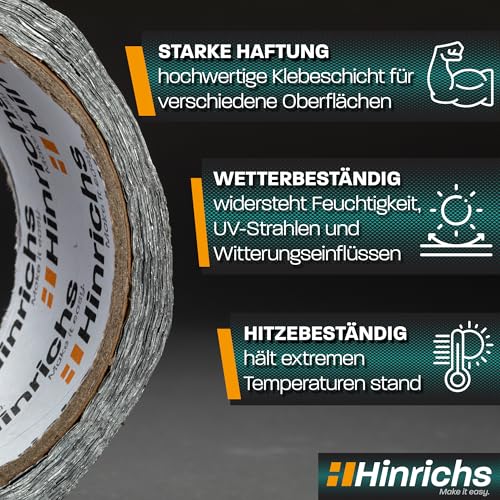 Hinrichs Aluminium Klebeband 20m x 50mm - hitzebeständiges Isolierklebeband - Alu Klebeband für Dämmung & Rohrisolierung - Alu Tape als Dichtband & Dampfsperre - selbstklebendes Aluband