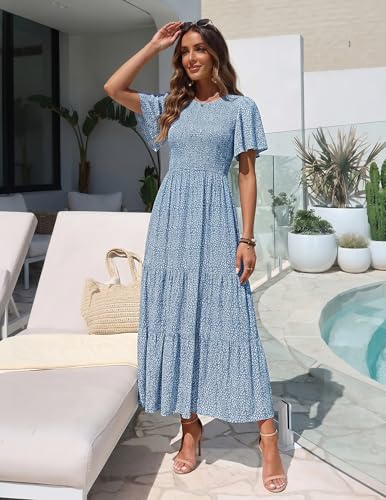 Image of ZESICA Women's 2026 Summer Boho Floral Maxi Dresses Casual Short Flutter Sleeve Smocked Tiered Flowy Dress