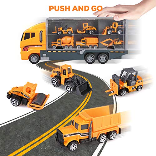 BeebeeRun 27 in 1 Engineering Construction Truck Car Toy Set, Alloy Transport Truck with Workers and Road Signs, Play Vehicles in Carrier Gifts for 3+ Kids Boys and Girls