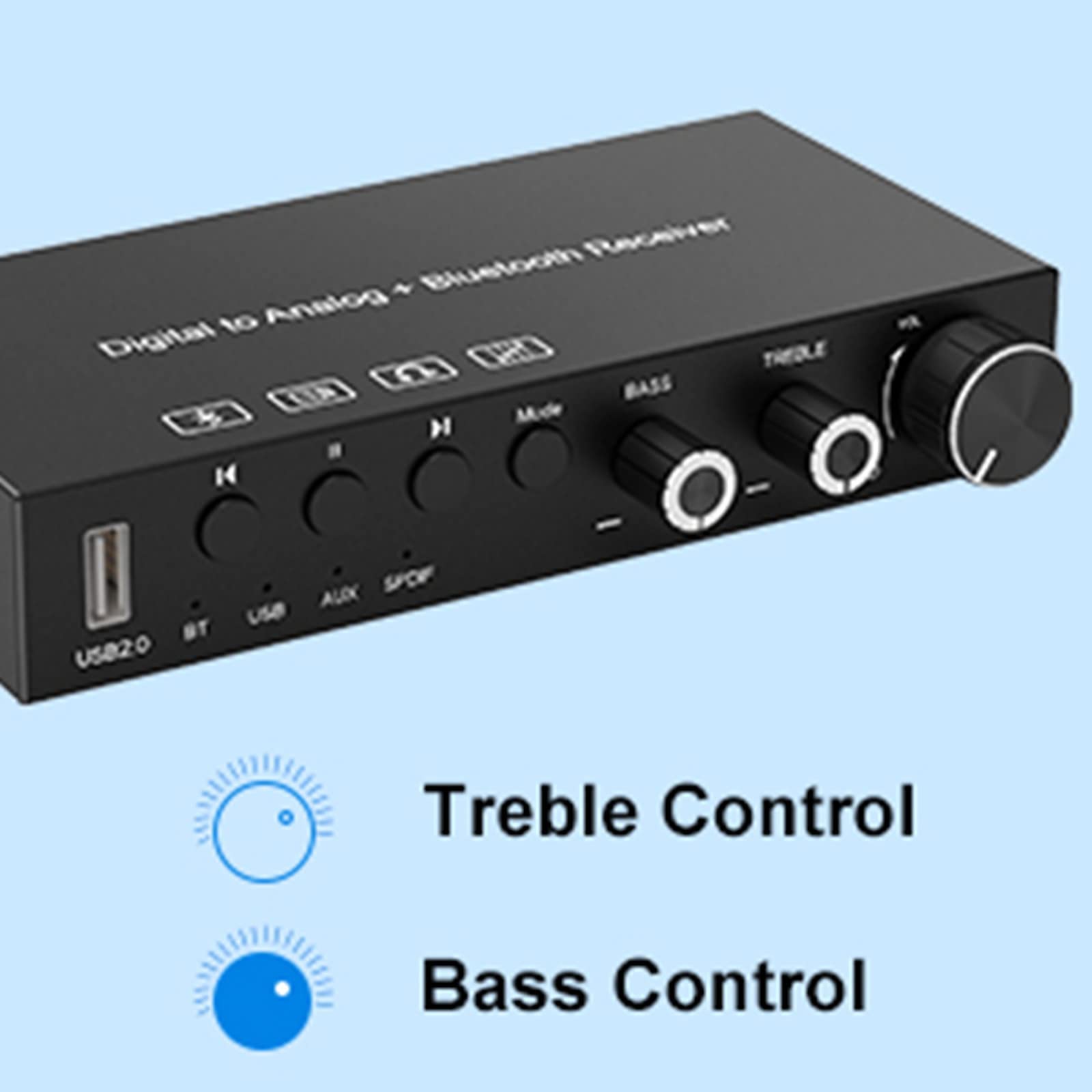 Convertidor digital a analógico USB de 192 KHz DAC con amplificador de auriculares receptor Bluetooth V5.0 integrado, volumen ajustable, SPDIF TOSLINK digital a estéreo L/R y conector de 3.5 mm