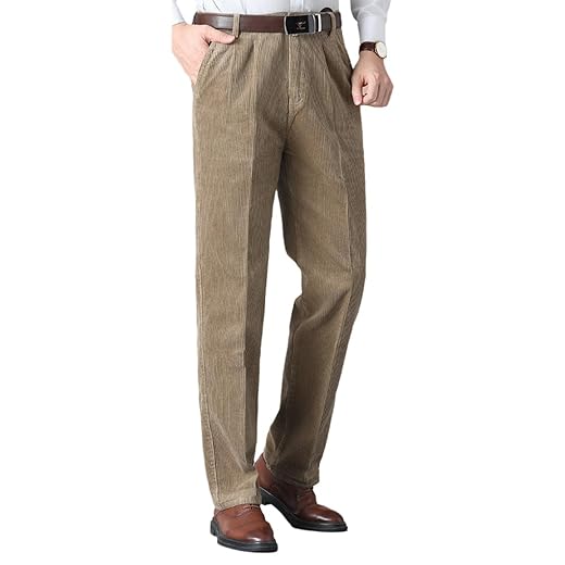 Calça social masculina de veludo cotelê de ajuste clássico, cintura alta plissada