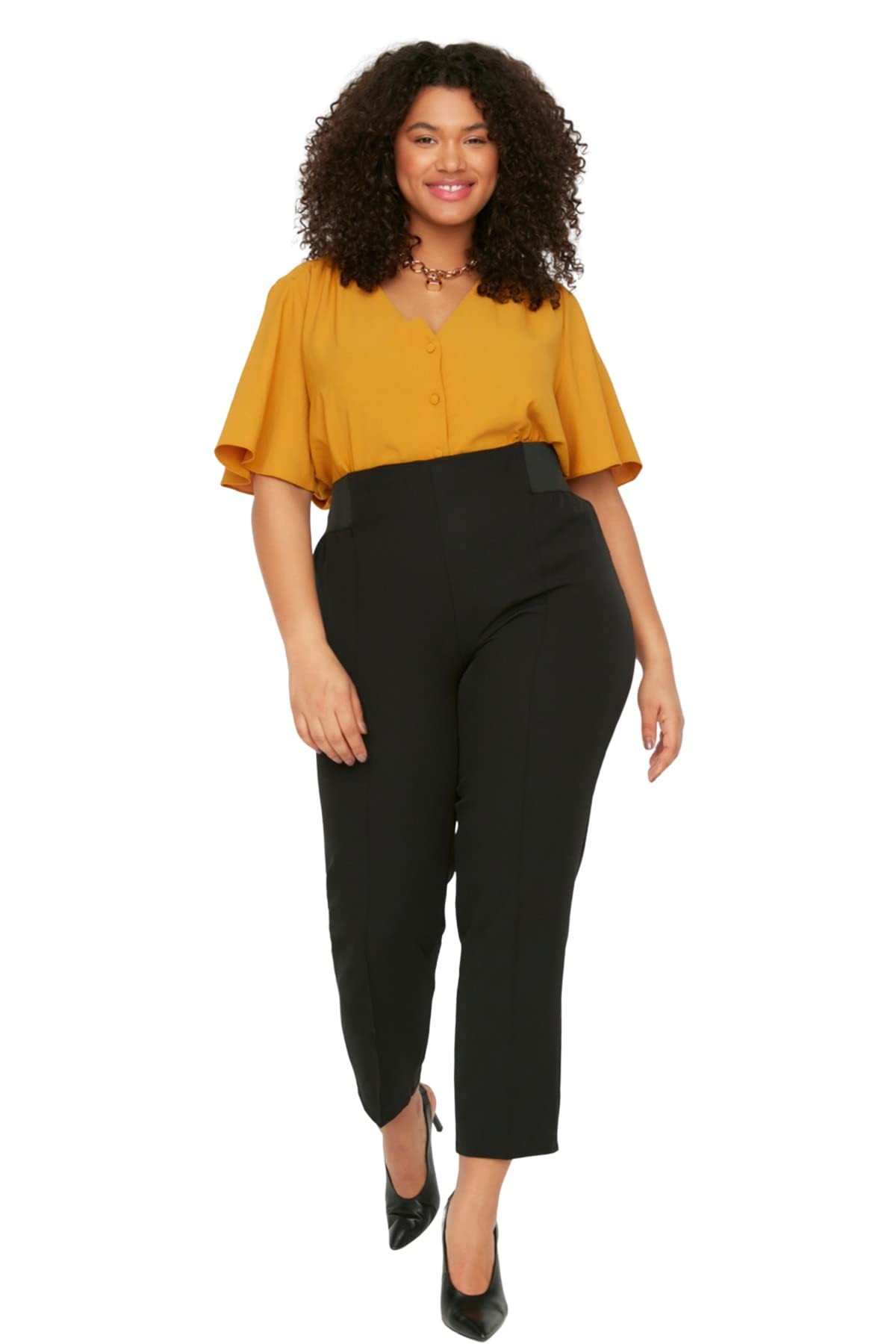 Trendyol Damen Schwarz Normal Waist Carrot Plus Size Pants, 44 Eu