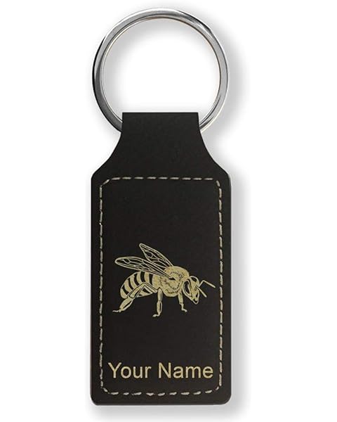 LaserGram Rectangle Keychain, Honey Bee, Personalized Engraving Included (Black with Gold)