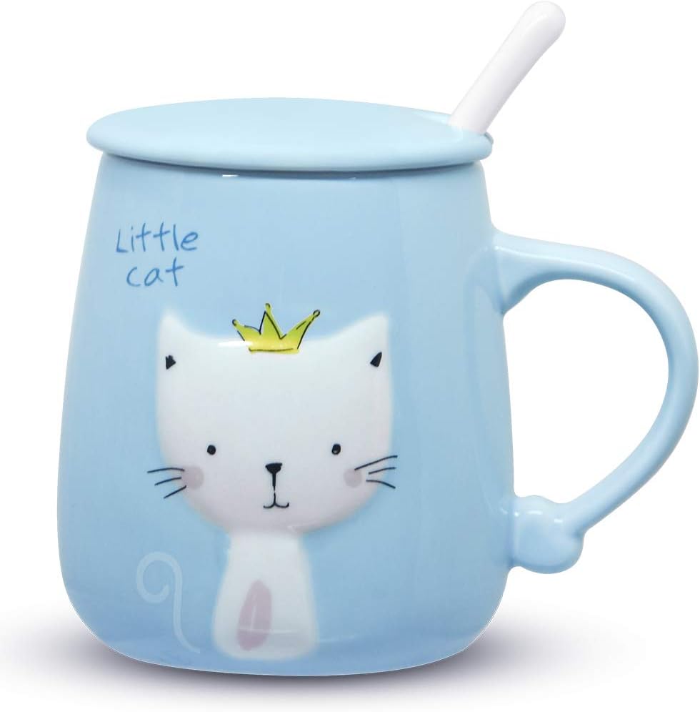 Blue Cat Mug 13 Oz, Cute Kitty Coffee Mug Cup with Lid and Ceramic Spoon for Cat Lovers