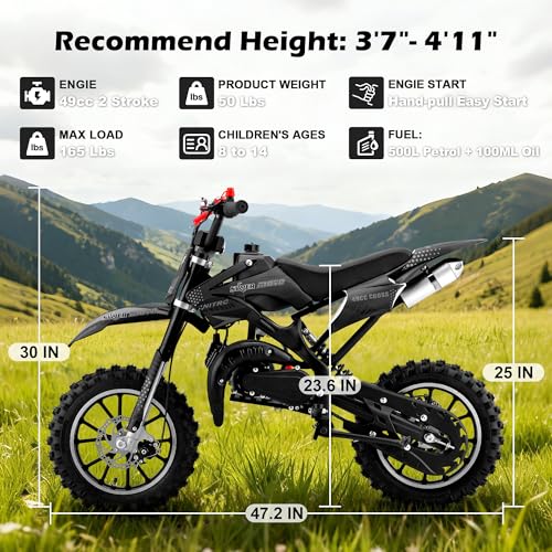 Image of 50cc Dirt Bike, 2 Stroke Gas Mini Bike for Kids 8-14 with Front Rear Disc Brakes, 10 Inch Off-Road Tires, Shock Absorption, Seat Height 23.6in, Max Speed 40mph, 2026 Upgraded (Black)