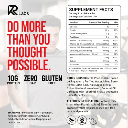 Image of Zero Carb 100% Pure Whey Isolate Protein Gummies | 300g Total Protein per Bag | 10g per Serving Plant Based with Vitamins for Men & Women | Gluten Free Non-GMO (Strawberry)