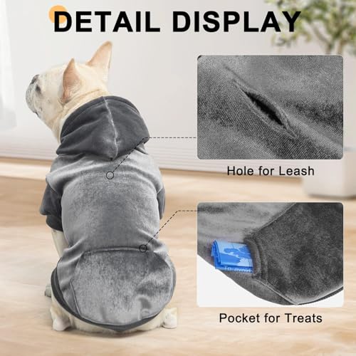Image of BEAUTYZOO Dog Hoodie Sweaters for Small Medium Dogs- Warm Fall Winter Fleece Jacket for Cold Weather, Soft Velour Hooded Coat with Leash Hole & Pocket, Puppy Sweatshirt Clothes Bulldog Schnauzer,Grey