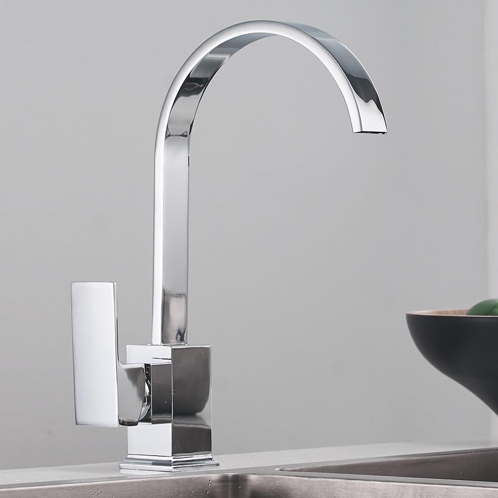 Kitchen Sink Mixer Taps Solid Brass Chrome Finish Modern Square Flat Spout 360 Degree Swivel Waterfall Effect Monobloc Faucet for Single Lever with UK Standard Fittings - Image 3