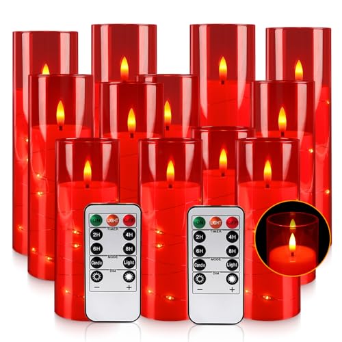 Image of 12‑Pack Red Flameless LED Candles(D 2.2 inch xH 5 inch 6 inch 7 inch) with Embedded String Lights,Acrylic Pillar Candles with 2 Remote Timers, Battery‑Operated for Christmas, Halloween & New Year Decor.