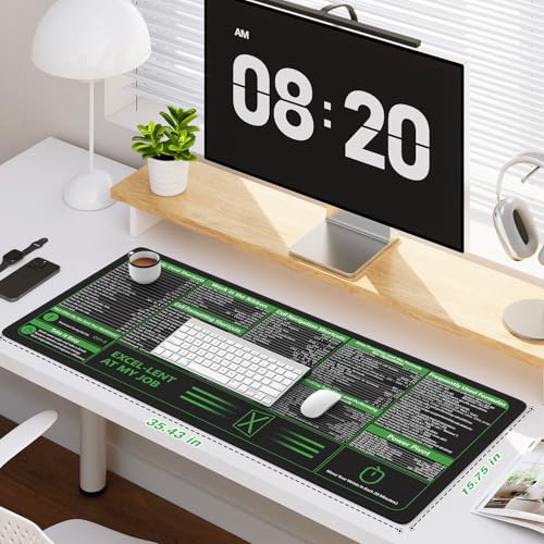 Image of iCasso Excel Cheat Sheet Desk Pad, Excel Mouse Pad Shortcuts, Excell Short Cut Desk Mat, Extended Large XXL Non-Slip Exel Mousepad with Stitched Edges for Computer Keyboard