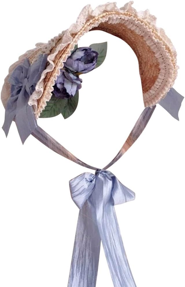 Girls Women Victorian Lolita Flat Bonnet Cap Tea Party Sun Hat Lace Bows Flower Ribbons Straw Hats