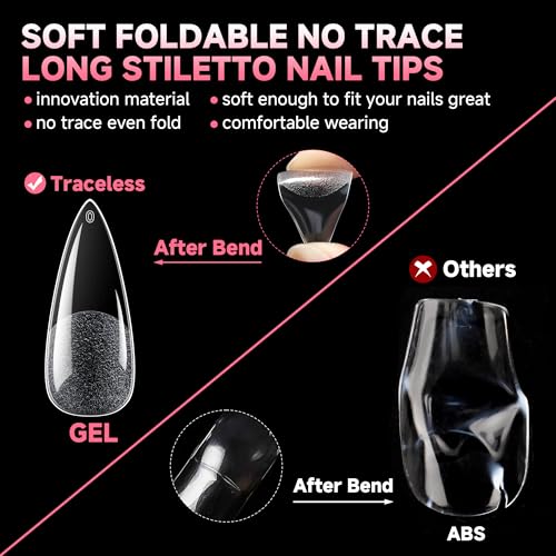 Image of UNA GELLA Long Stiletto Gel Nail Tips Full Cover Half Matte 120pcs | Long Stiletto Almond Fake Clear Nails Tips S tiletto Press on Nails for Nail Extensions Home Nail Art Salon 12 Sizes