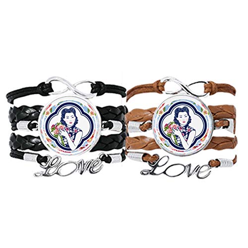 Bracelet la culture chinoise fleur amour couple en cuir noir