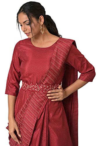 Image of W for Woman Women Maroon Maxi Insta Saree Dress with Embroidered Belt