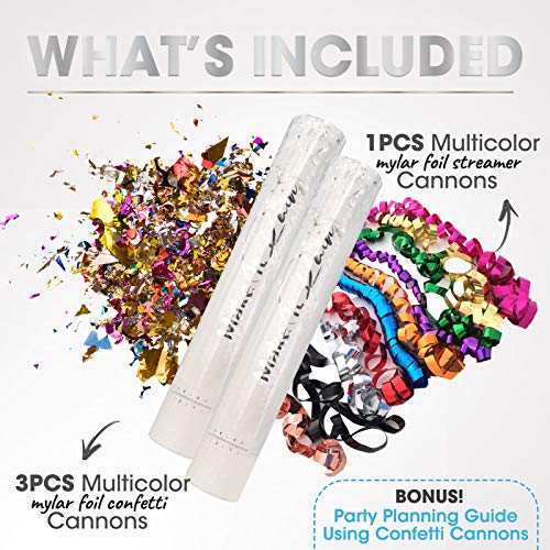 PRIMEPURE Premium Party Confetti Cannon - Set of 4- (Includes Streamer Cannons and Confetti) for Birthday, Graduation, New Years Eve, and Any Other Party or Celebration