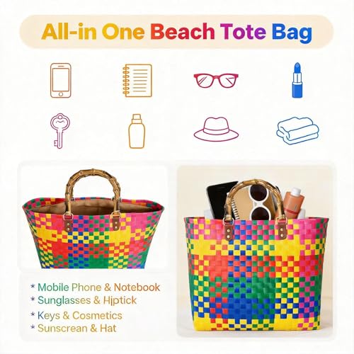 Bolso Tote grande para playa estilo boho con asas de bambú miniatura 6