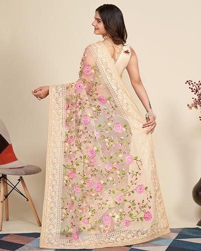 Image of VAIRAGEE Women's Beautiful Soft Net Embroidery Saree With Unstitched Blouse 6079
